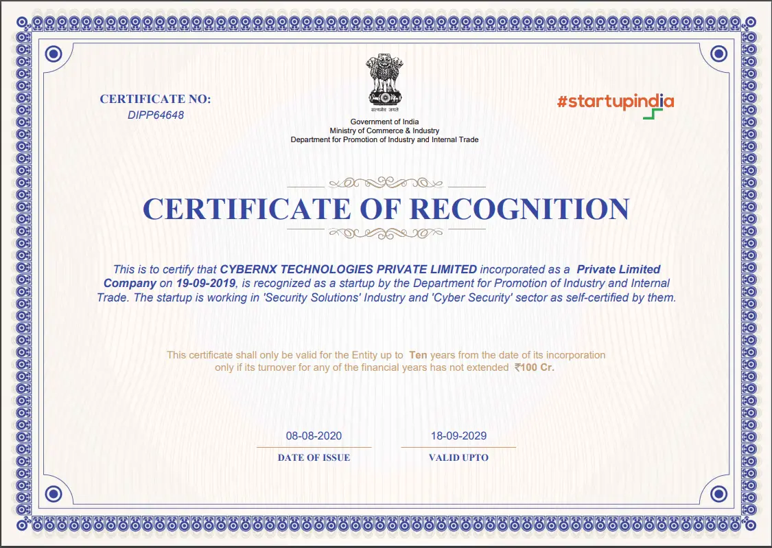 Certificate of Recognition by StartUp India